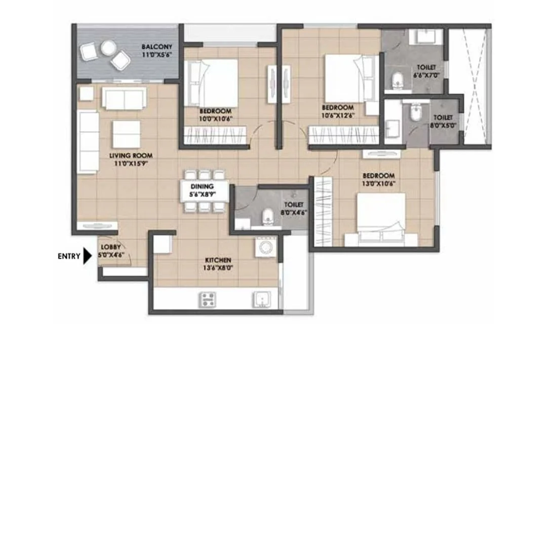 121 Paradise Rahatani 3BHK Floorplan